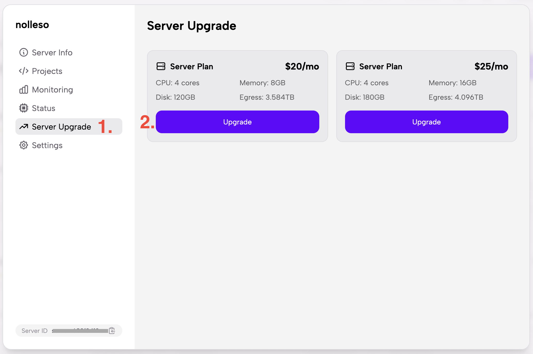 Upgrade entry in the server detail modal