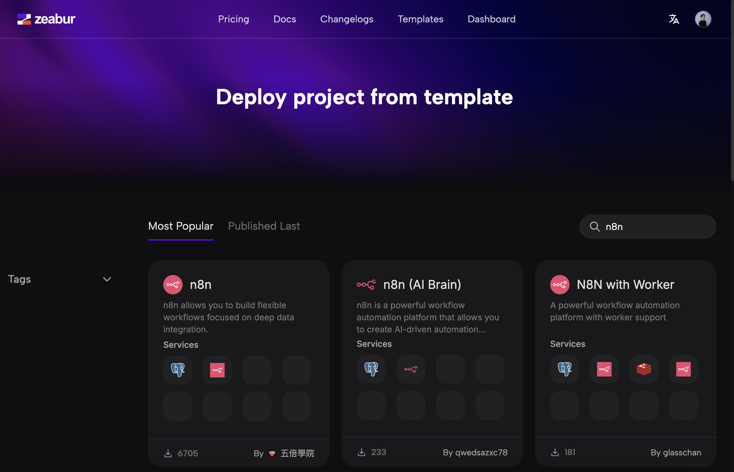Screenshot of how user search and browse through Zeabur's template page and find n8n templates