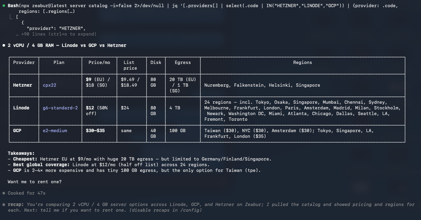Claude Code comparando planes y regiones de servidores de Hetzner, Linode y GCP desde la terminal