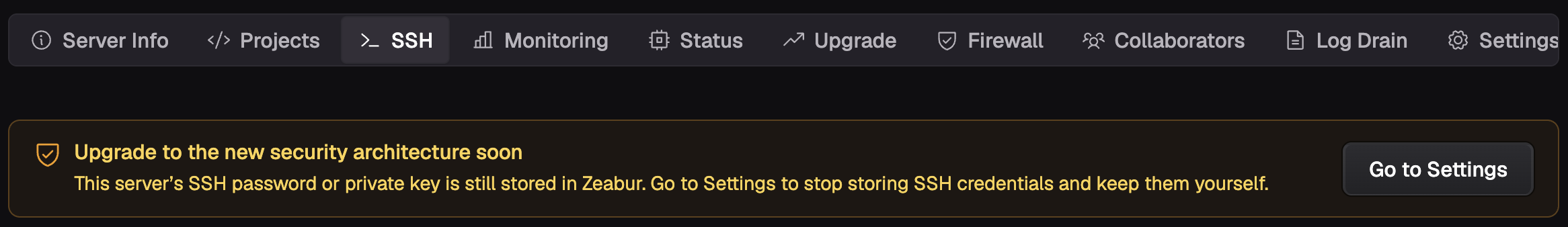 The security notice on the SSH page