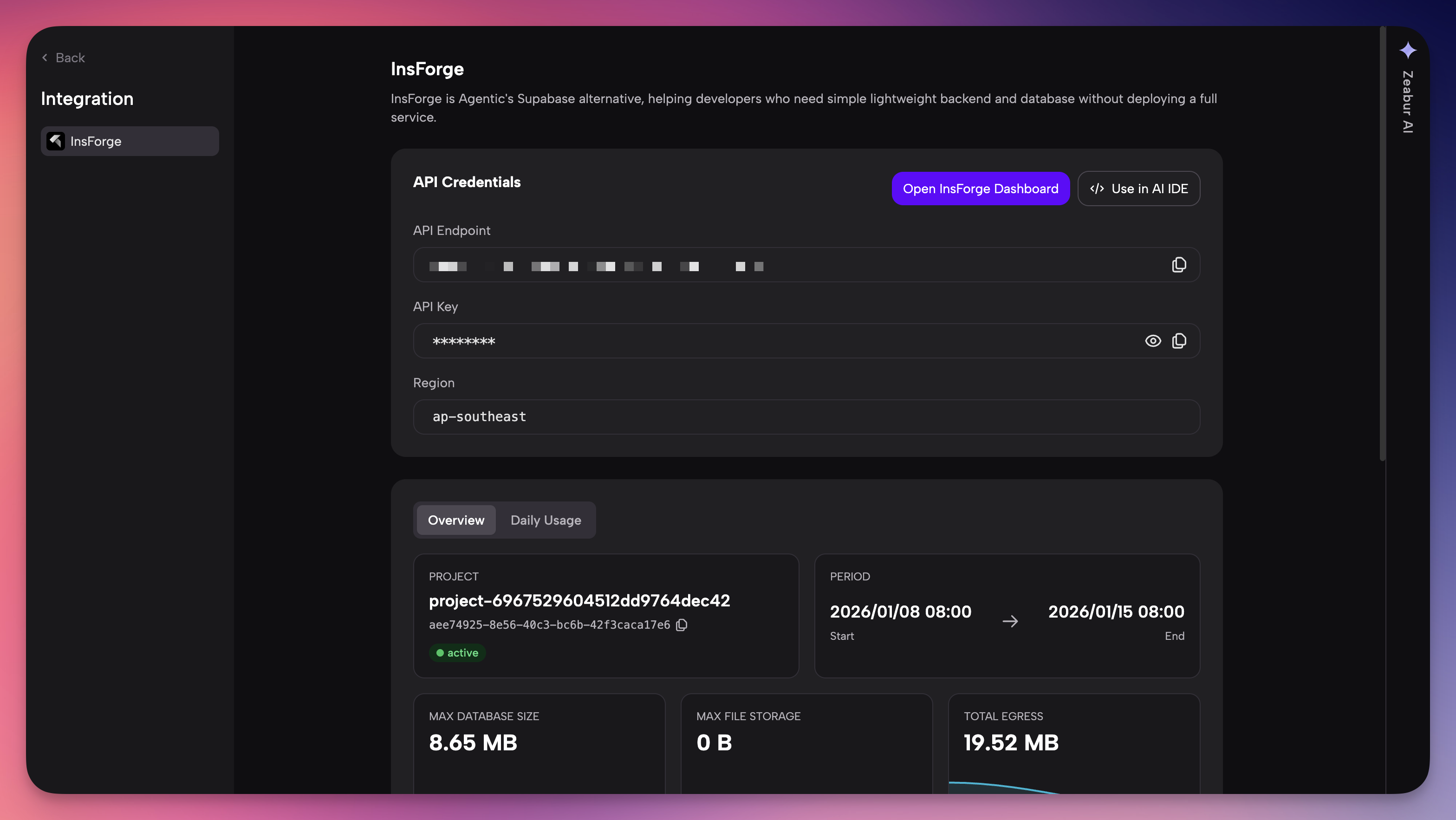 zeabur dashboard acquire insforge credentials