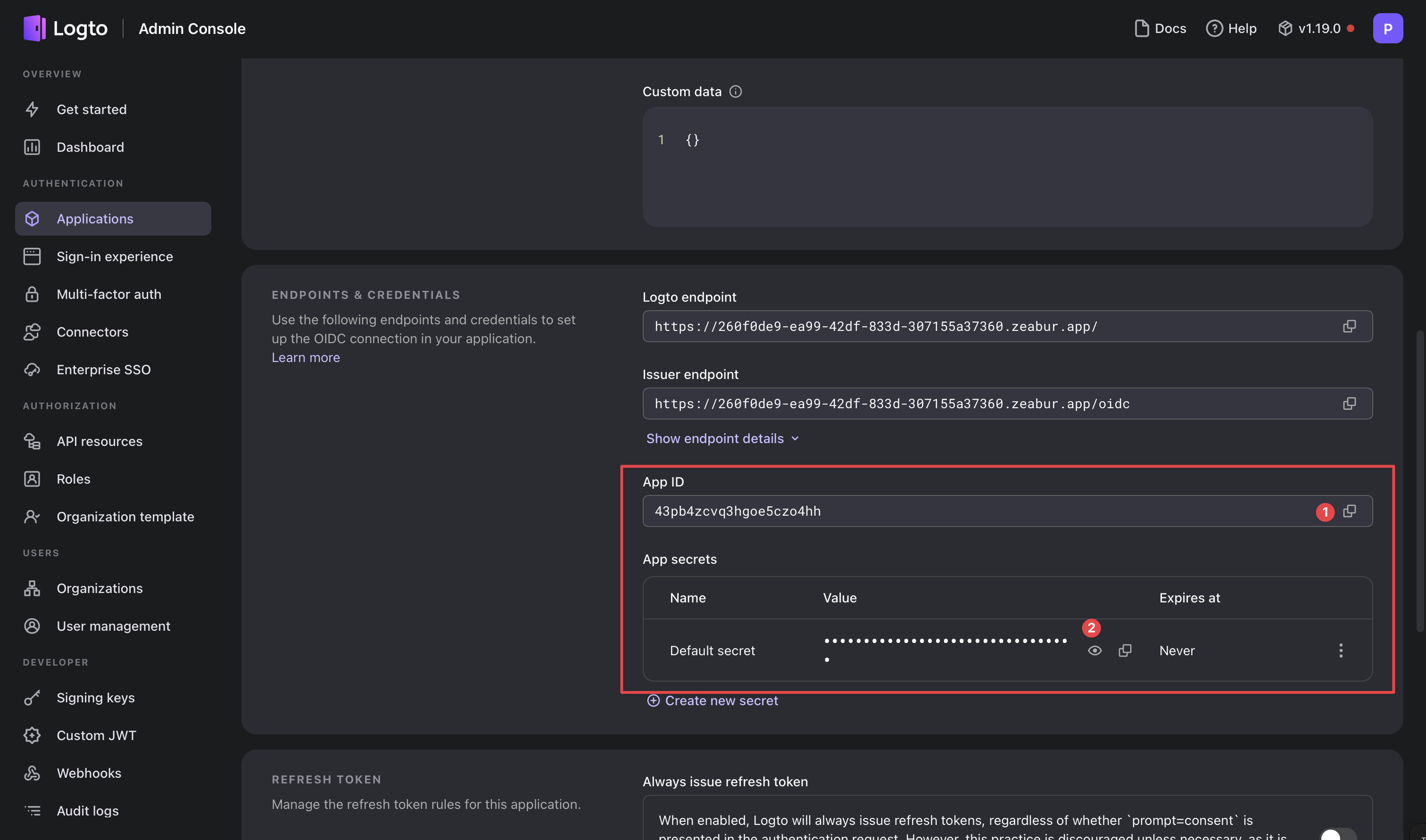 Logto client ID and secret retrieval